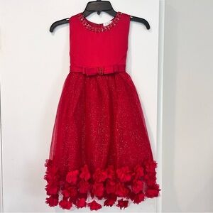 Girls Red Sleeveless Party Dress with Floral Hem
